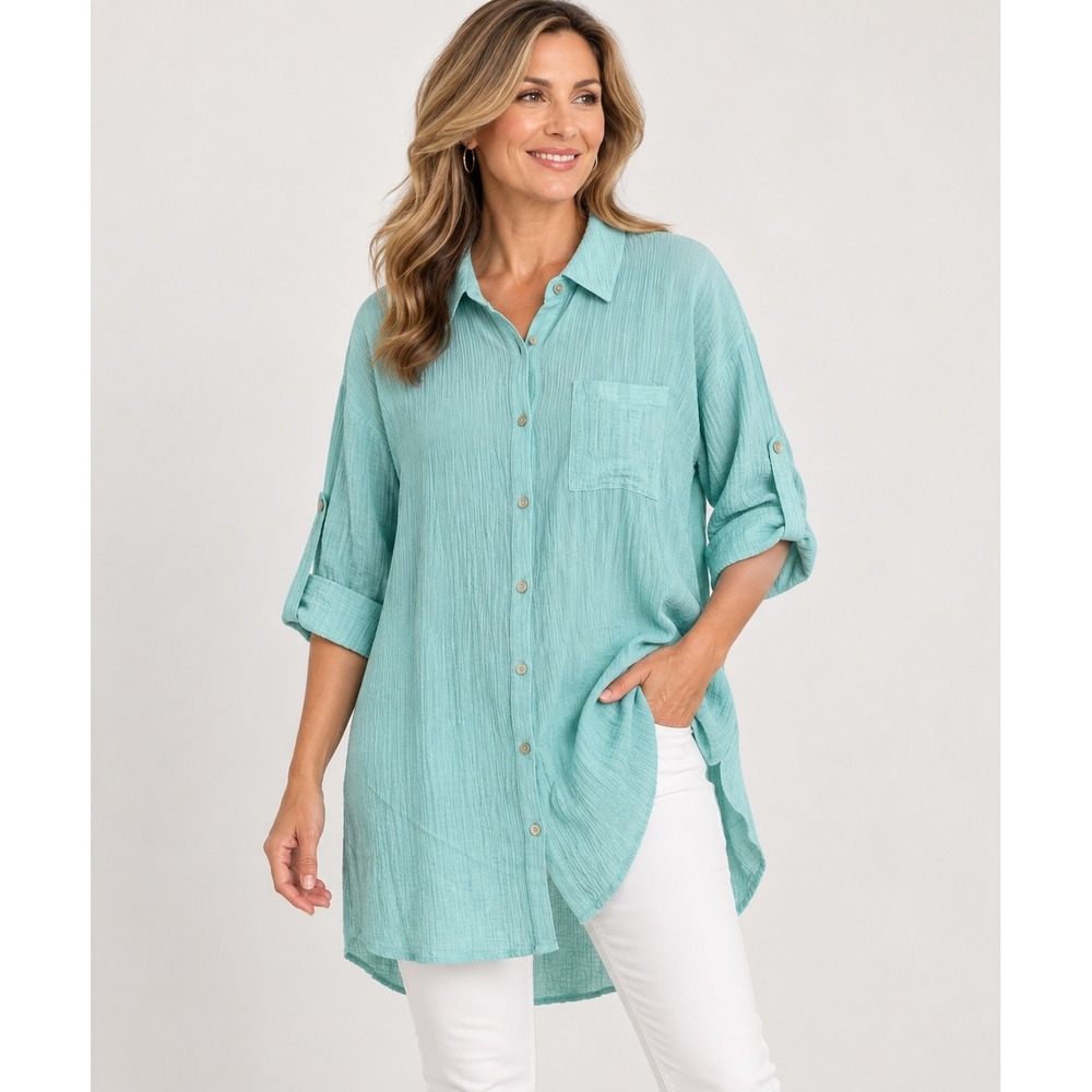 Soft Surroundings Tunic Women Medium Aqua Blue Crinkle Ramie Rayon Button Front